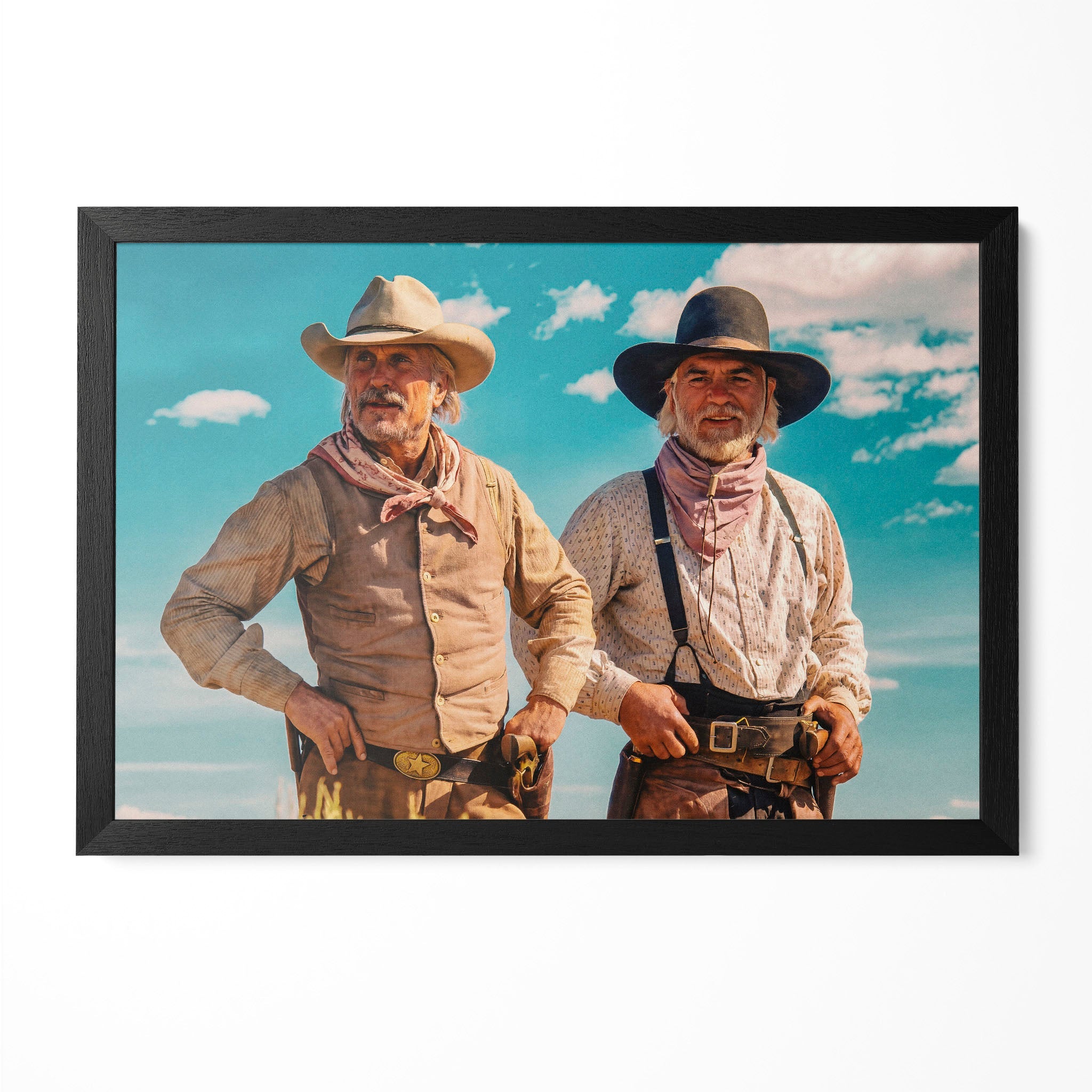 Robert Duvall and Tommy Lee Jones as Gus and Call in Lonesome Dove, colour portrait against a blue sky in a classic black poster frame