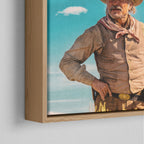 Corner close-up of the natural oak floating frame on the Lonesome Dove Montana Trail colour canvas
