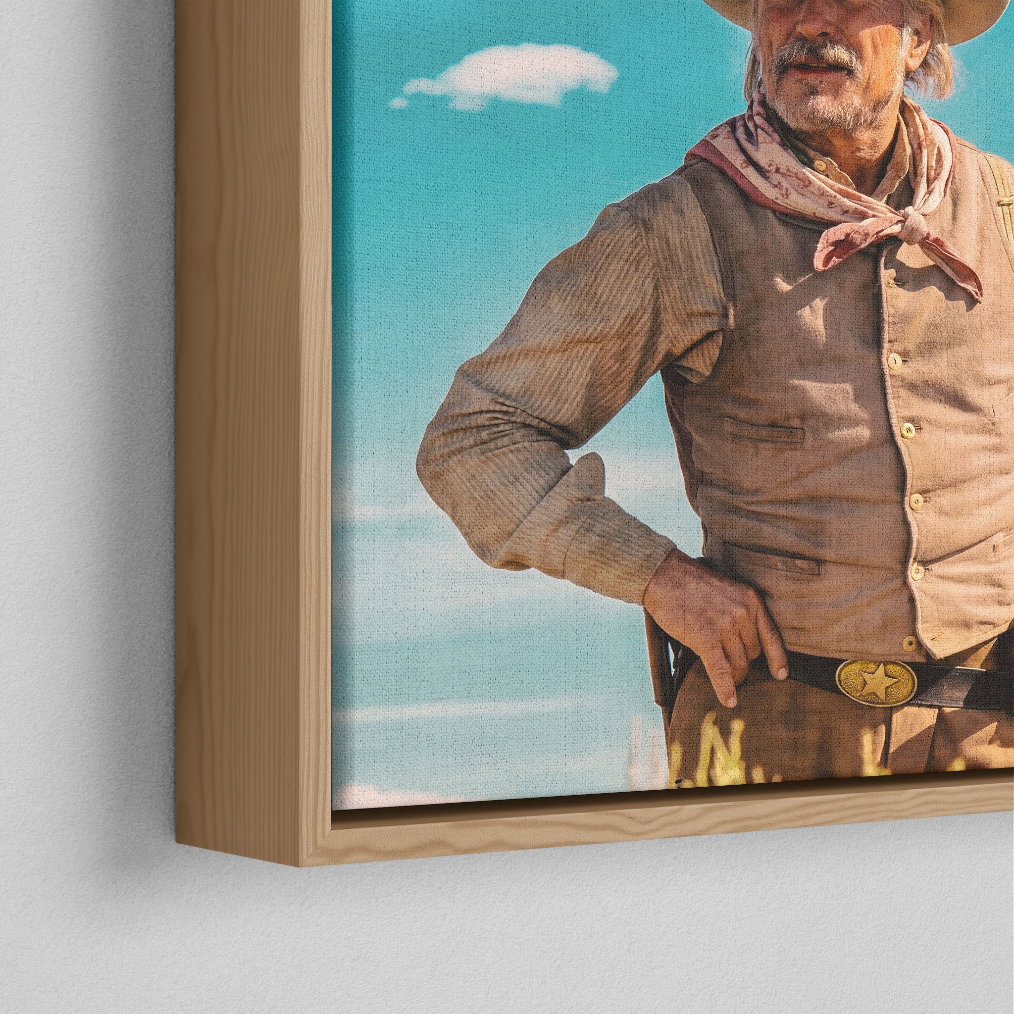 Corner close-up of the natural oak floating frame on the Lonesome Dove Montana Trail colour canvas