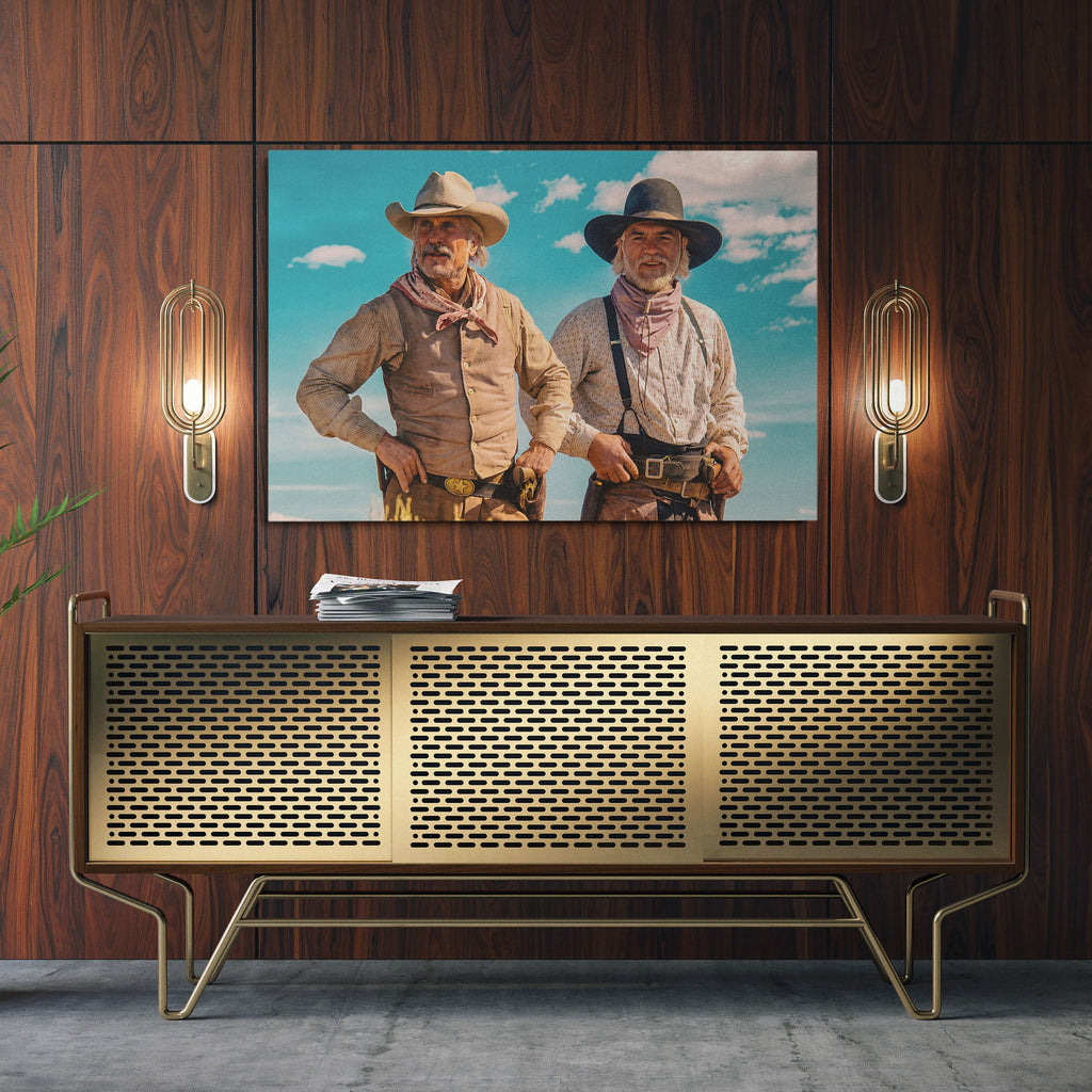 Sleek aluminum colour metal print of Gus and Call from Lonesome Dove