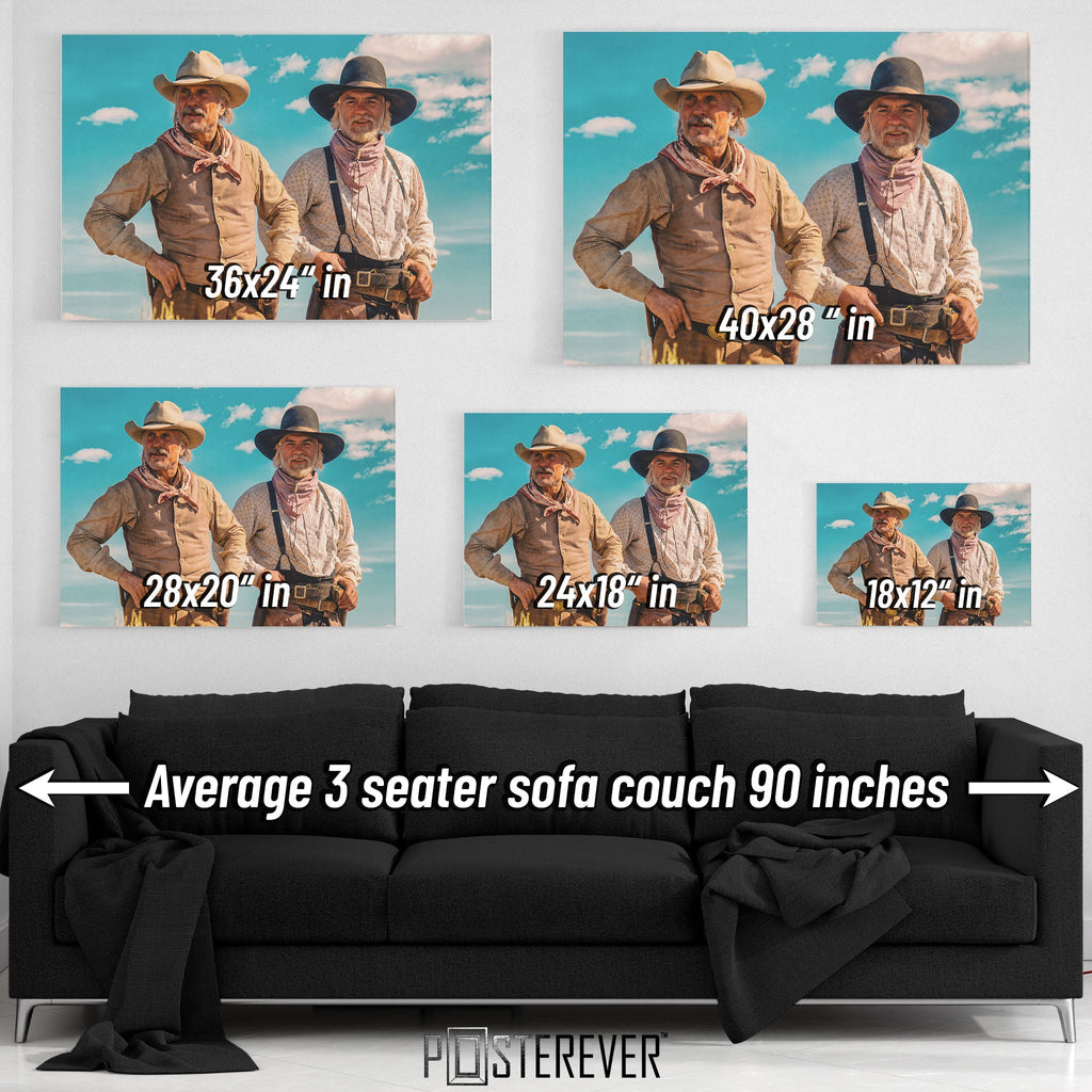 Lonesome Dove wall art size comparison chart shown above a sofa