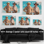 Lonesome Dove wall art size comparison chart shown above a sofa