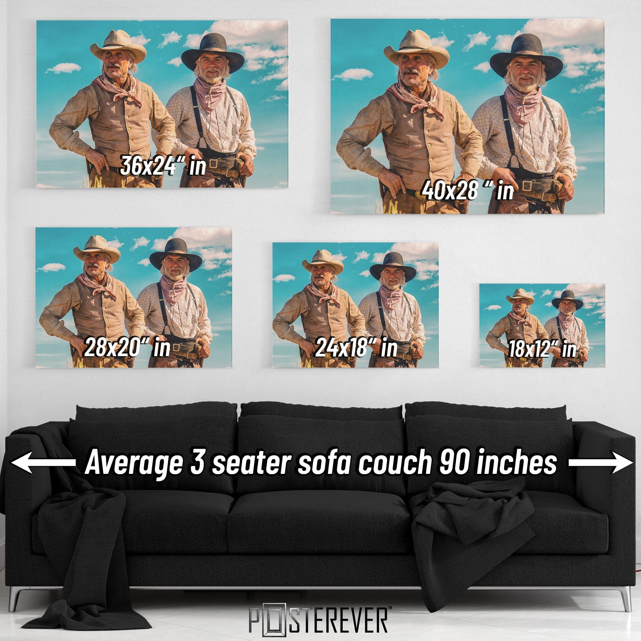 Lonesome Dove wall art size comparison chart shown above a sofa