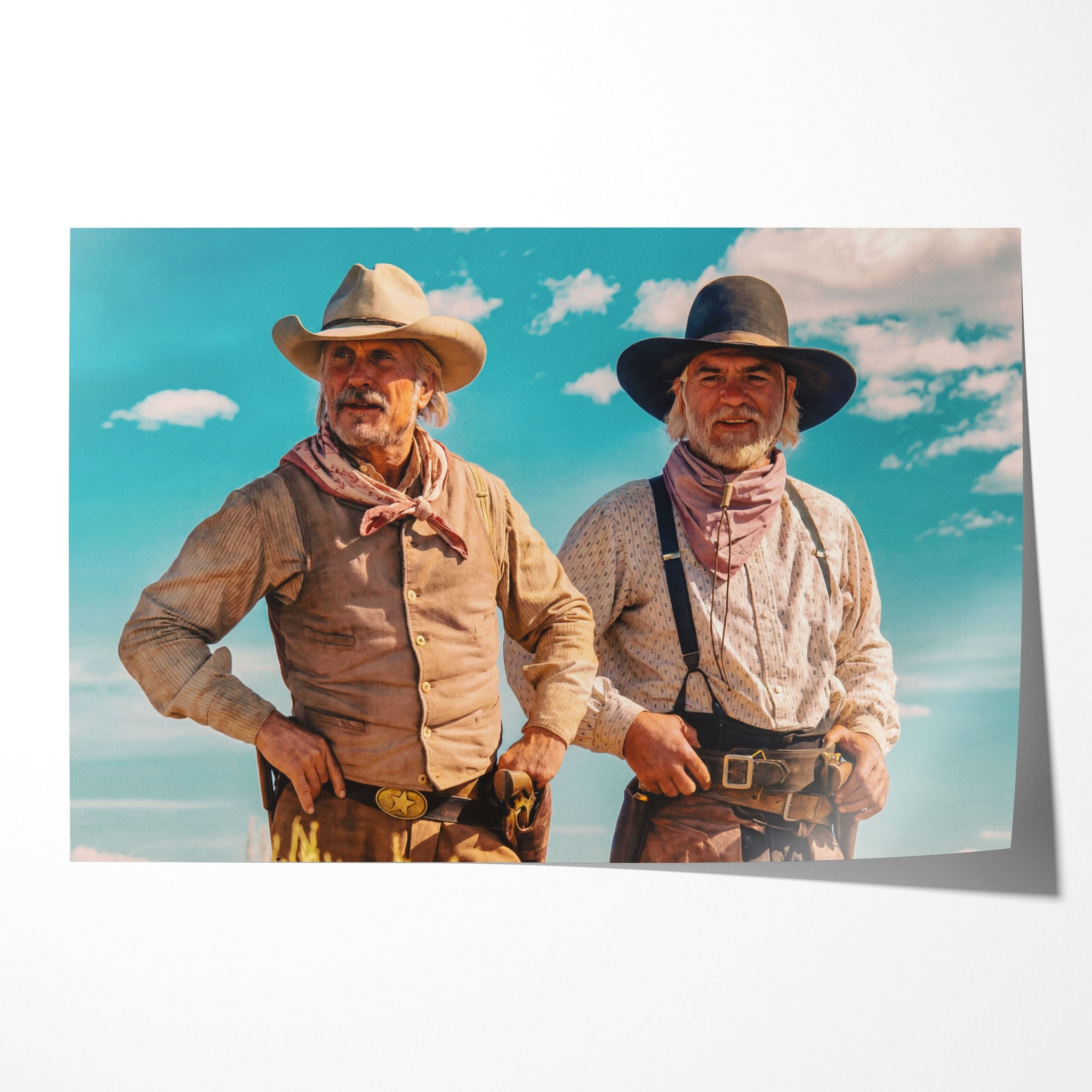 Unframed colour print of Gus and Call standing against a brilliant blue sky in Lonesome Dove