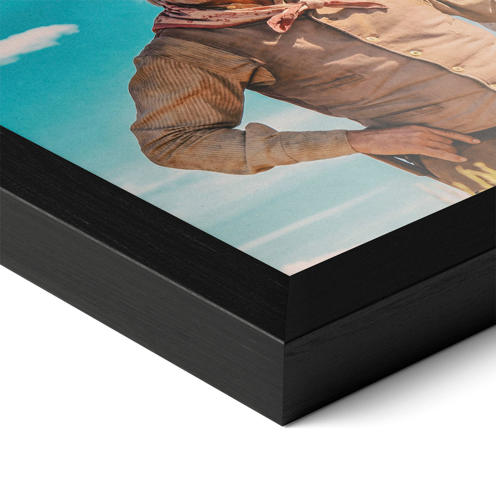 Close-up of the Lonesome Dove Montana Trail colour poster in a classic black wood frame