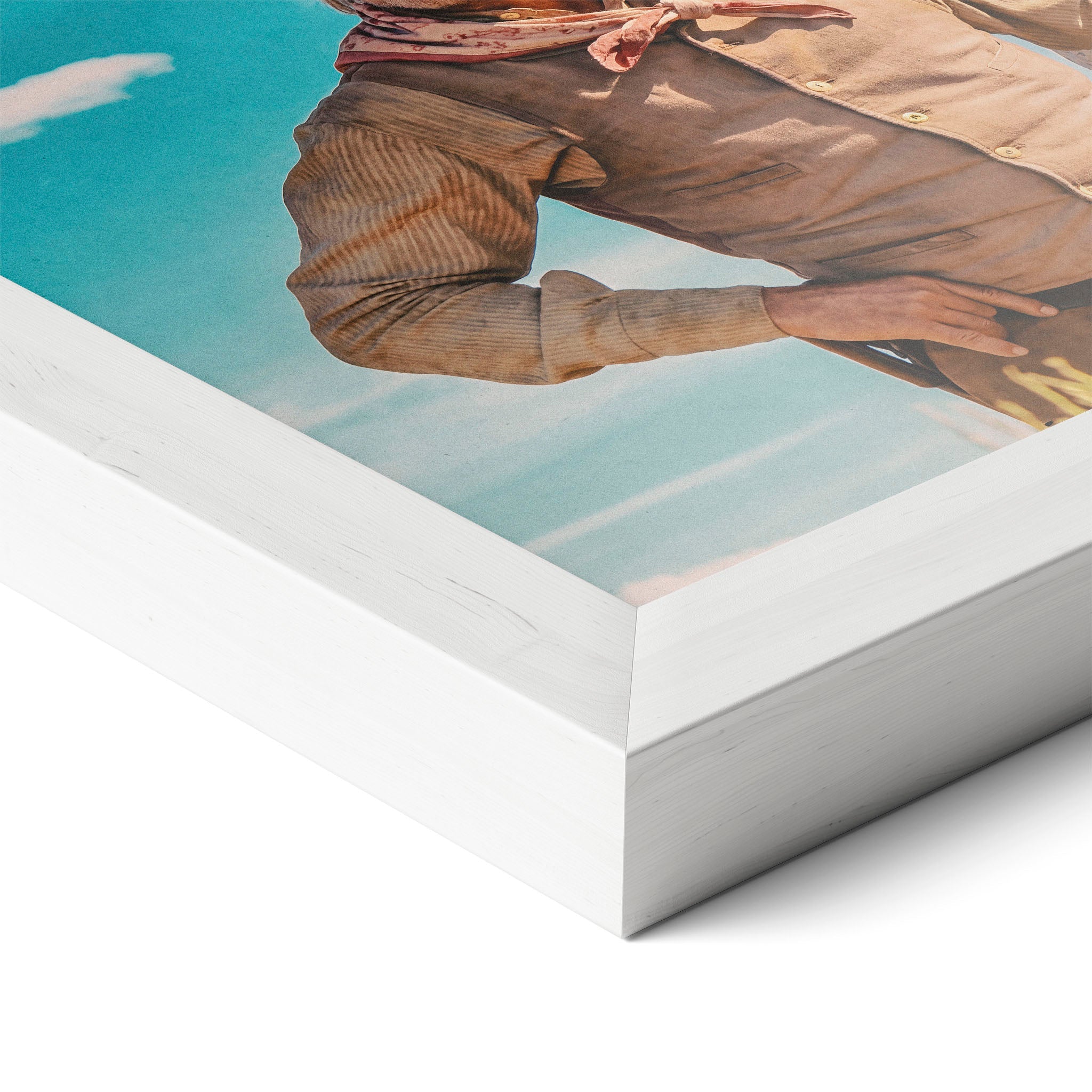 Corner close-up of the Lonesome Dove Montana Trail colour poster in a white frame