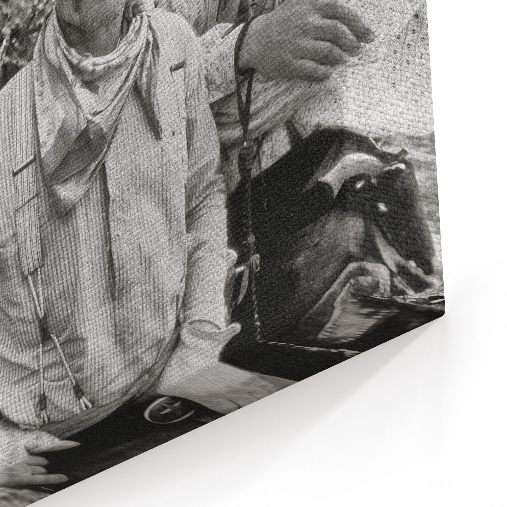 Close-up of the gallery-wrapped canvas edge on the Lonesome Dove black and white print