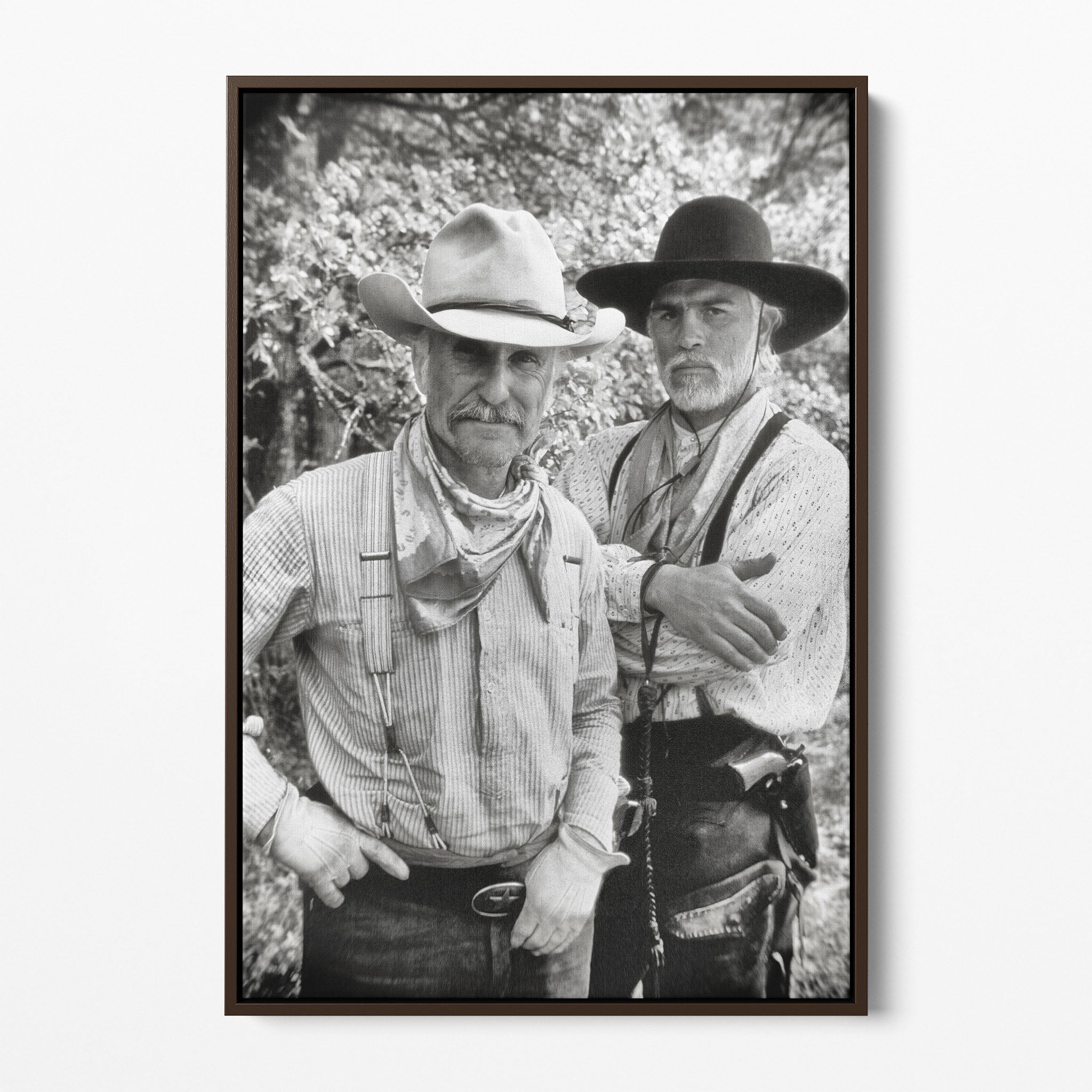Front display of the Lonesome Dove black and white canvas in a dark walnut floating frame