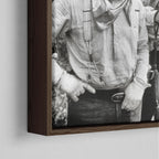 Close-up of the dark walnut floating frame on the Lonesome Dove black and white canvas