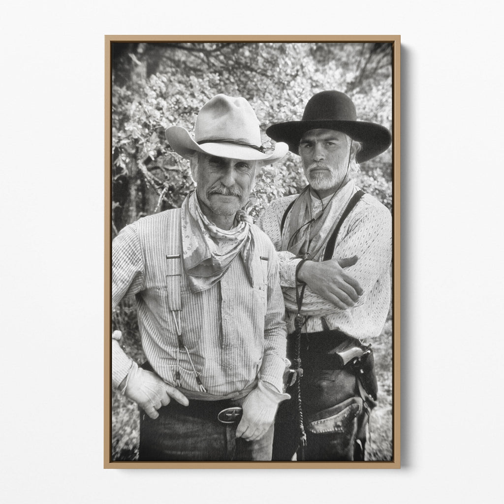 Front display of the Lonesome Dove black and white canvas in a natural oak floating frame