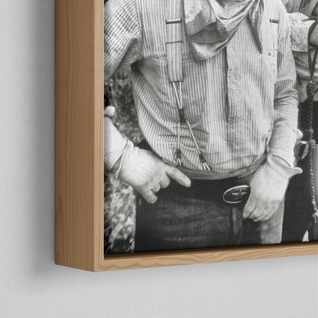 Corner close-up of the natural oak floating frame on the Lonesome Dove black and white canvas