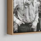 Corner close-up of the natural oak floating frame on the Lonesome Dove black and white canvas