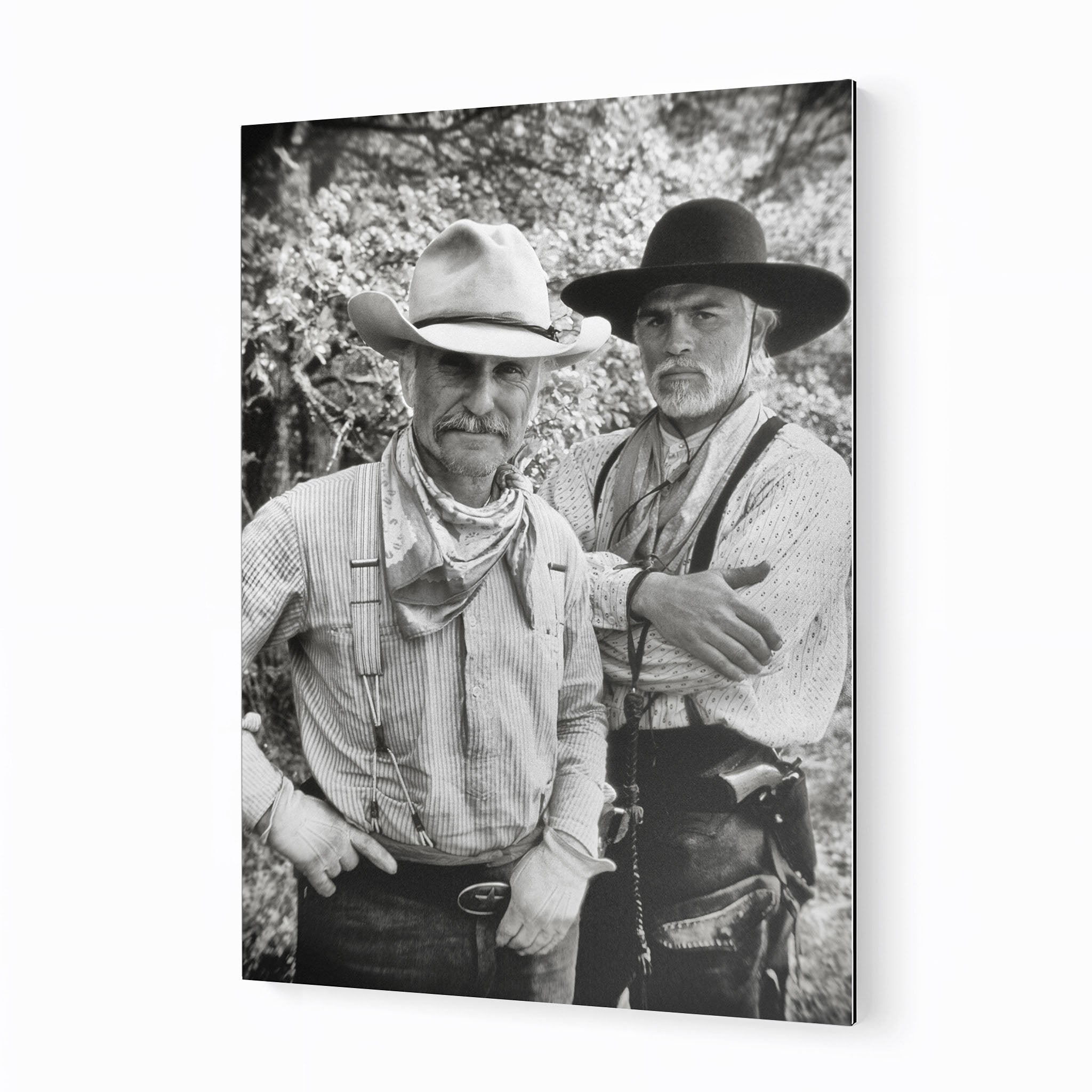 Lonesome Dove Gus and Call black and white metal print displayed on a wall