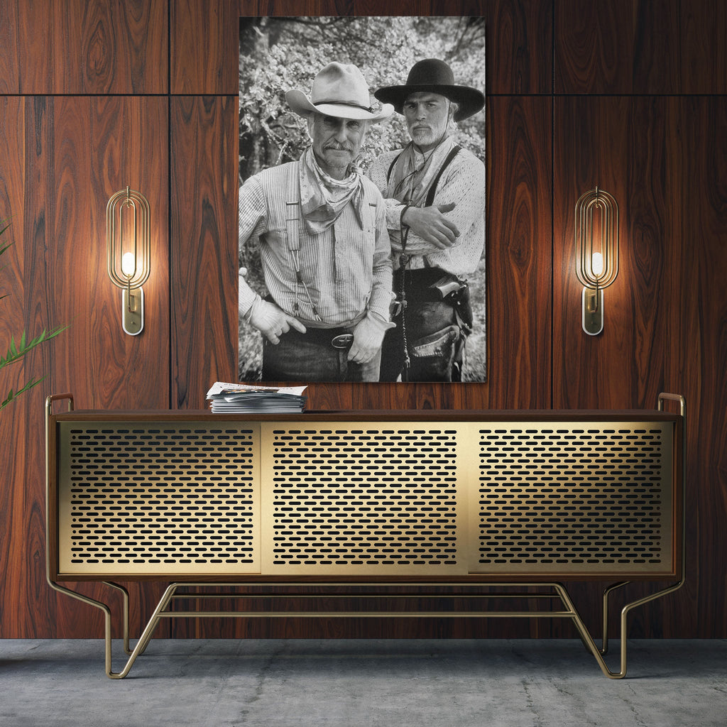 Sleek aluminum black and white metal print of Gus and Call from Lonesome Dove