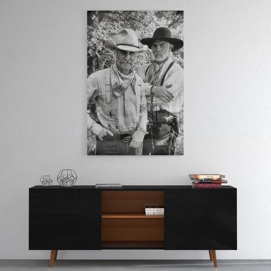 High-gloss acrylic black and white print of Lonesome Dove displayed on a wall