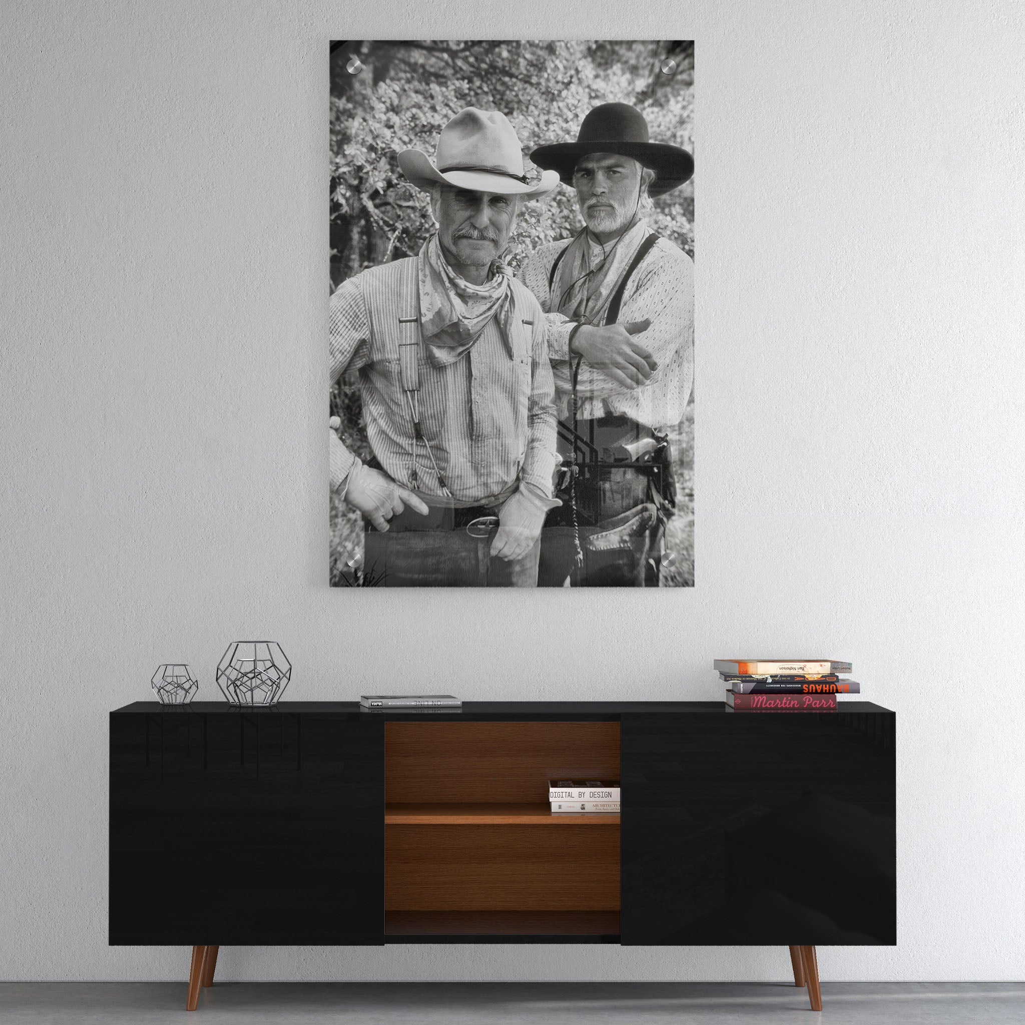 High-gloss acrylic black and white print of Lonesome Dove displayed on a wall