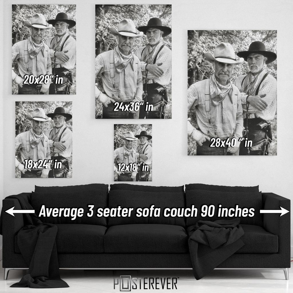 Lonesome Dove wall art size comparison chart shown above a sofa