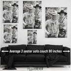 Lonesome Dove wall art size comparison chart shown above a sofa
