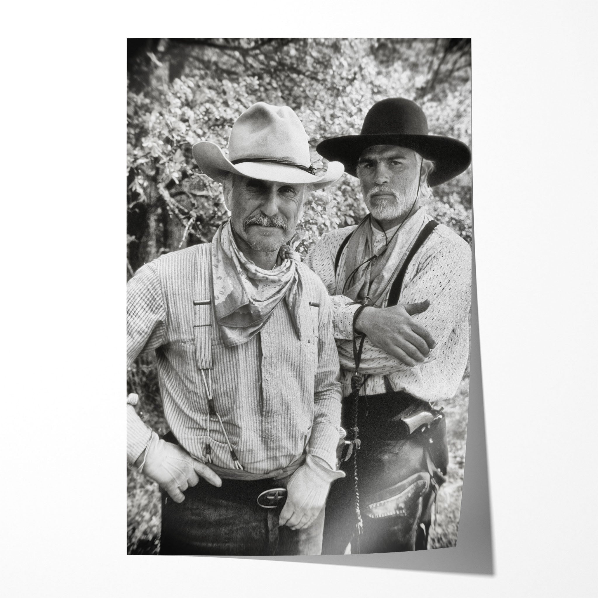 Unframed black and white print of Gus and Call from Lonesome Dove standing in the wilderness