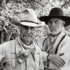 Zoomed detail of Robert Duvall as Gus and Tommy Lee Jones as Call in black and white