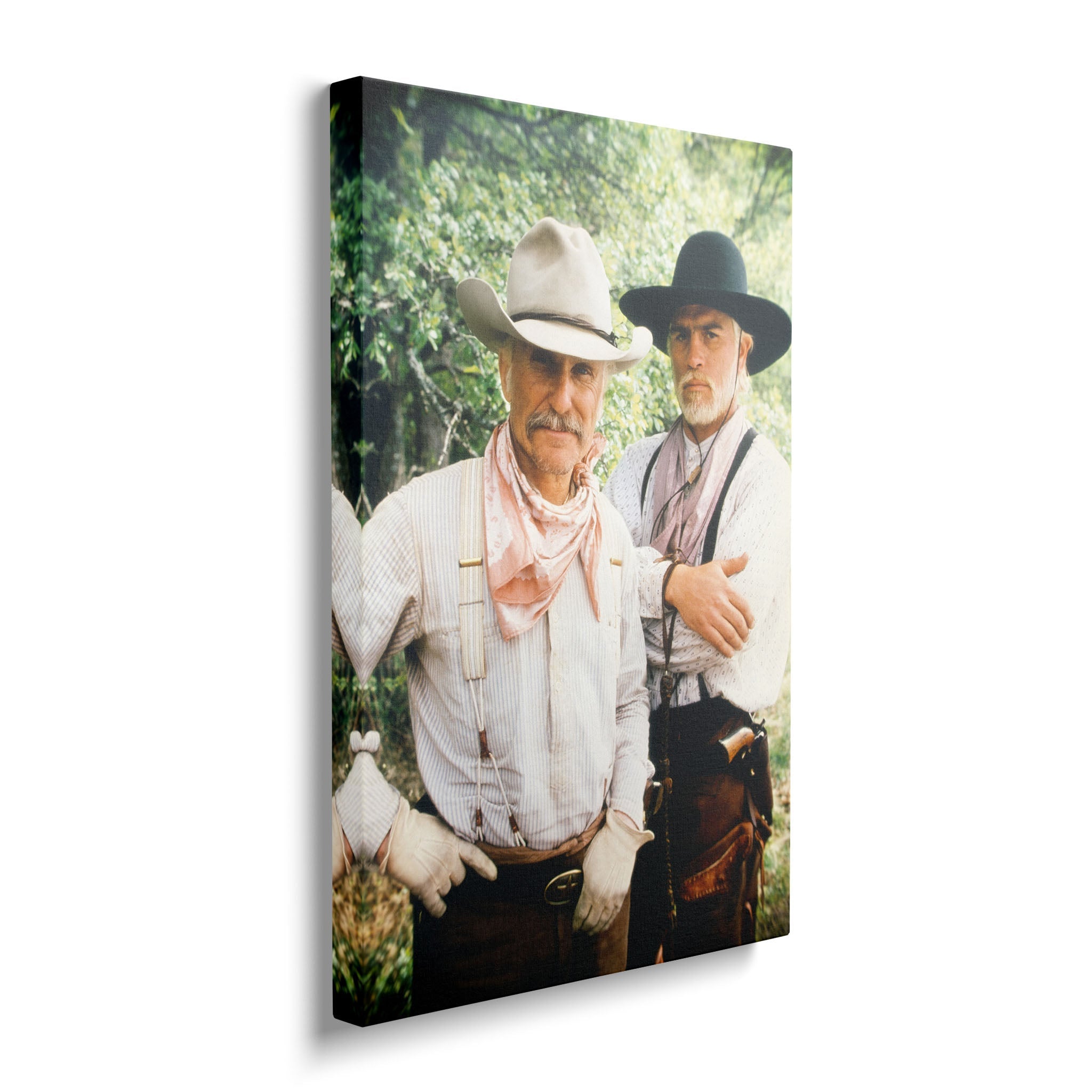 Gallery-wrapped colour canvas of Gus and Call from Lonesome Dove displayed on a wall