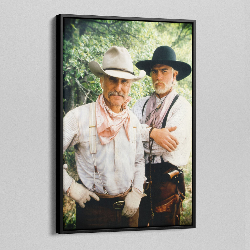 Angled view of the Lonesome Dove colour canvas in a black floating frame