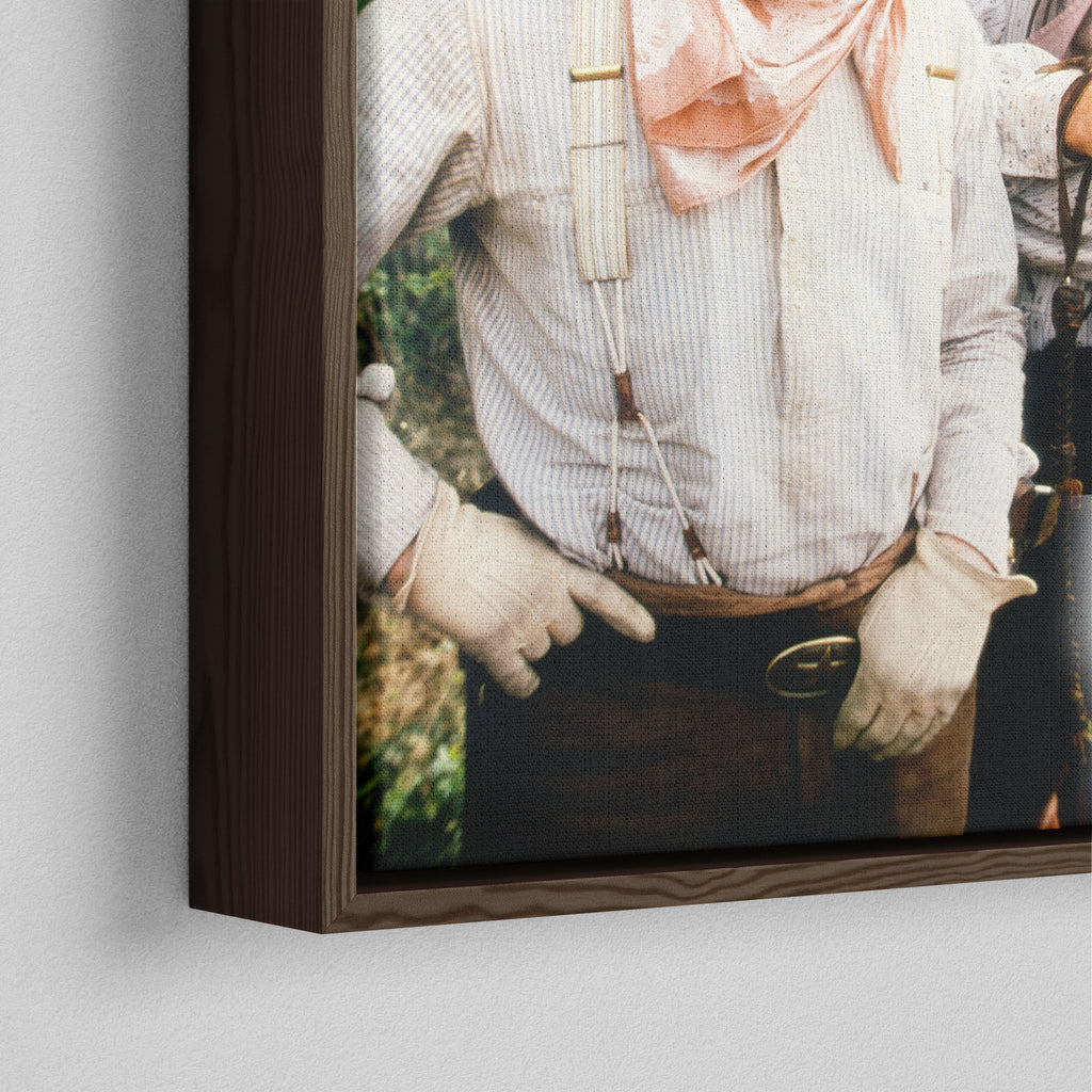 Close-up of the dark walnut floating frame on the Lonesome Dove colour canvas