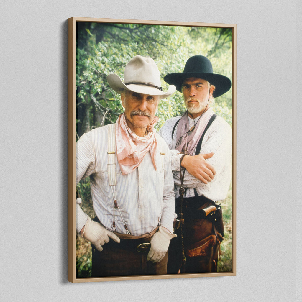 Angled view of the Lonesome Dove colour canvas in a natural oak floating frame