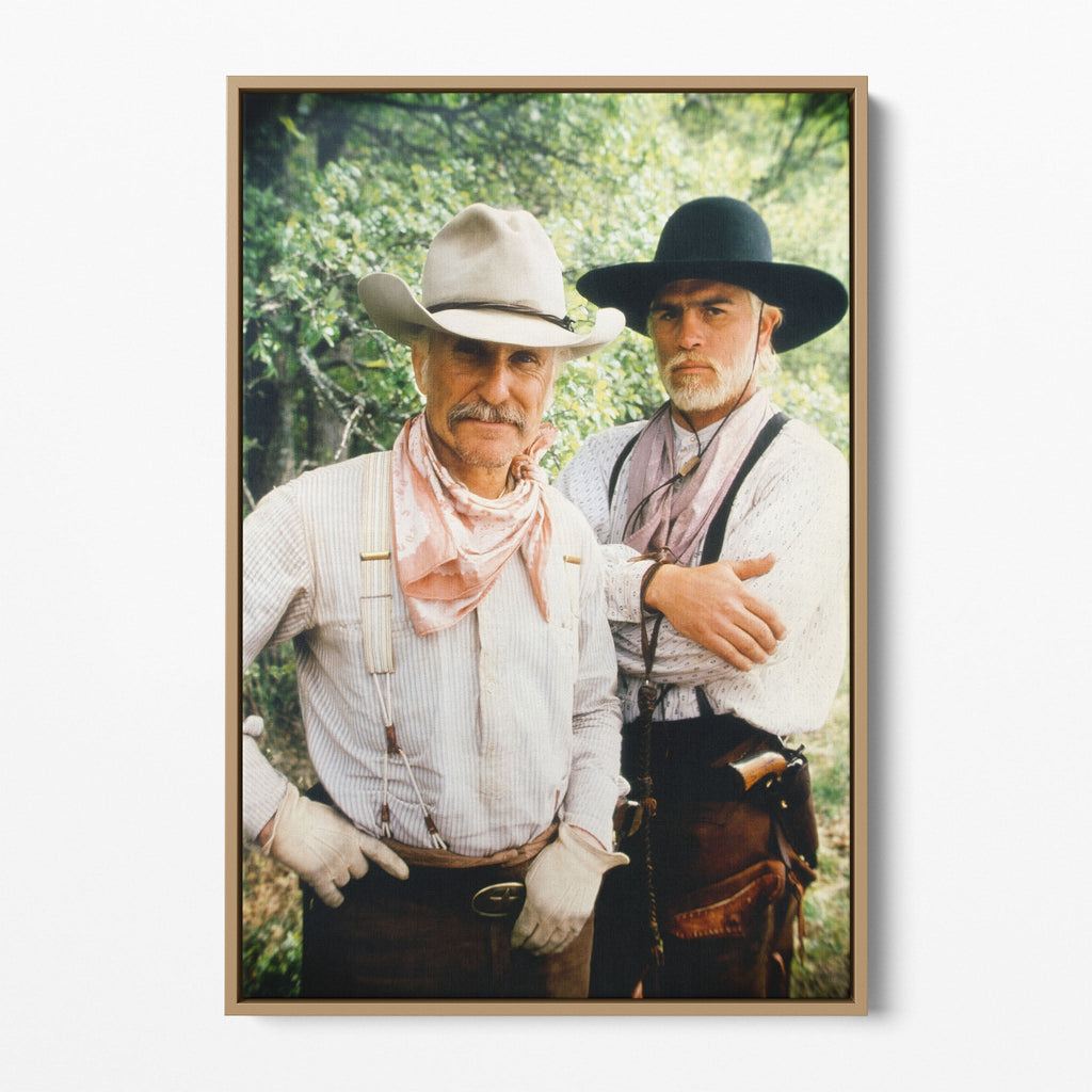 Front display of the Lonesome Dove colour canvas in a natural oak floating frame