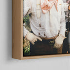 Corner close-up of the natural oak floating frame on the Lonesome Dove colour canvas