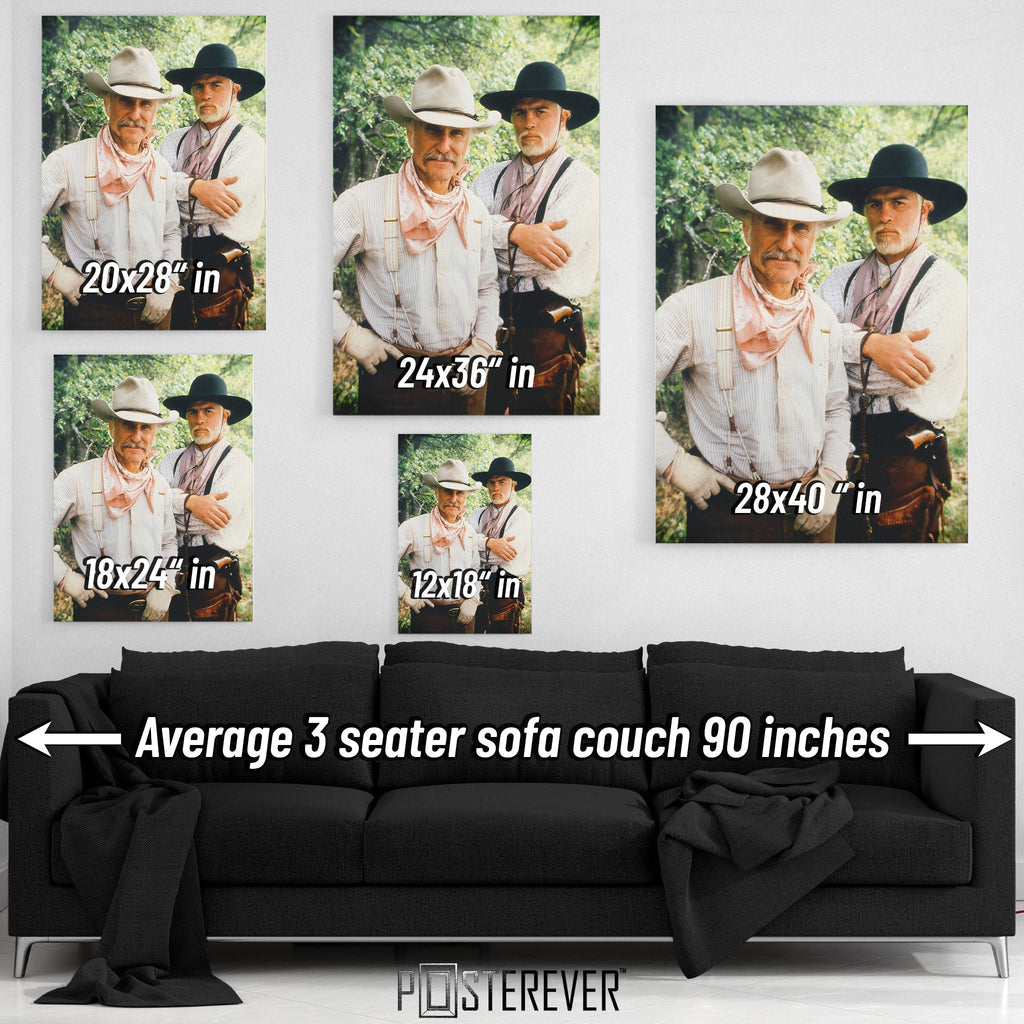 Lonesome Dove wall art size comparison chart shown above a sofa