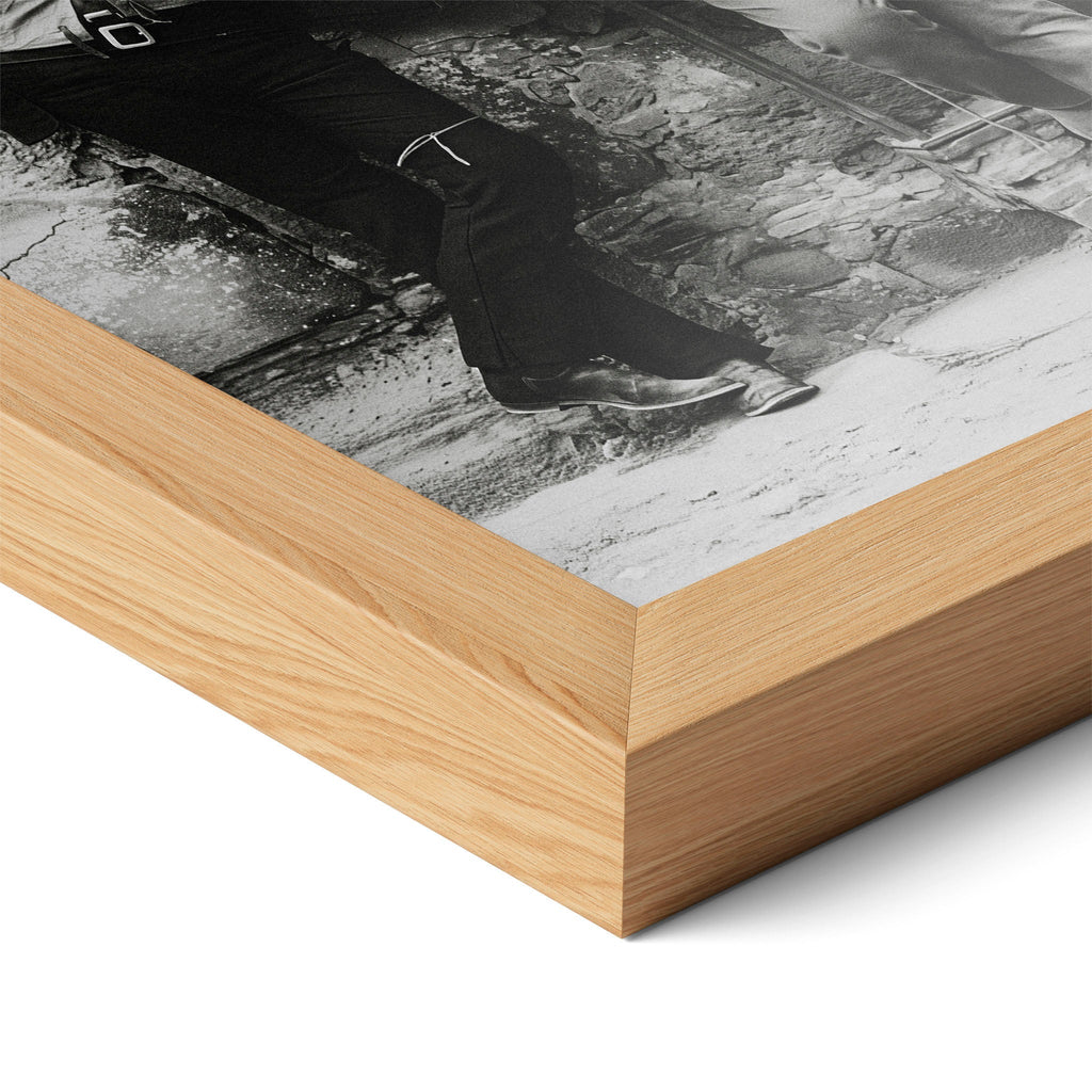 Close-up of the natural oak frame on the Butch Cassidy and the Sundance Kid black and white poster