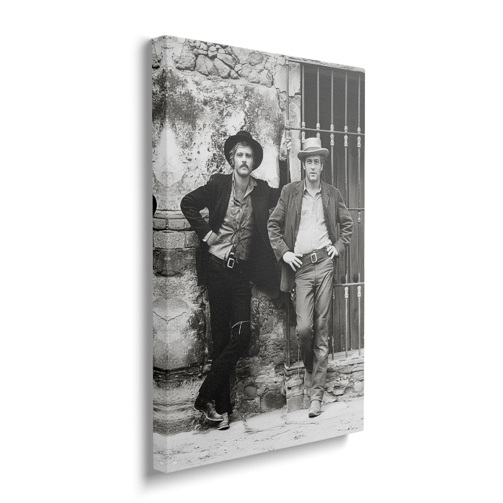 Gallery-wrapped black and white canvas of Butch Cassidy and the Sundance Kid displayed on a wall
