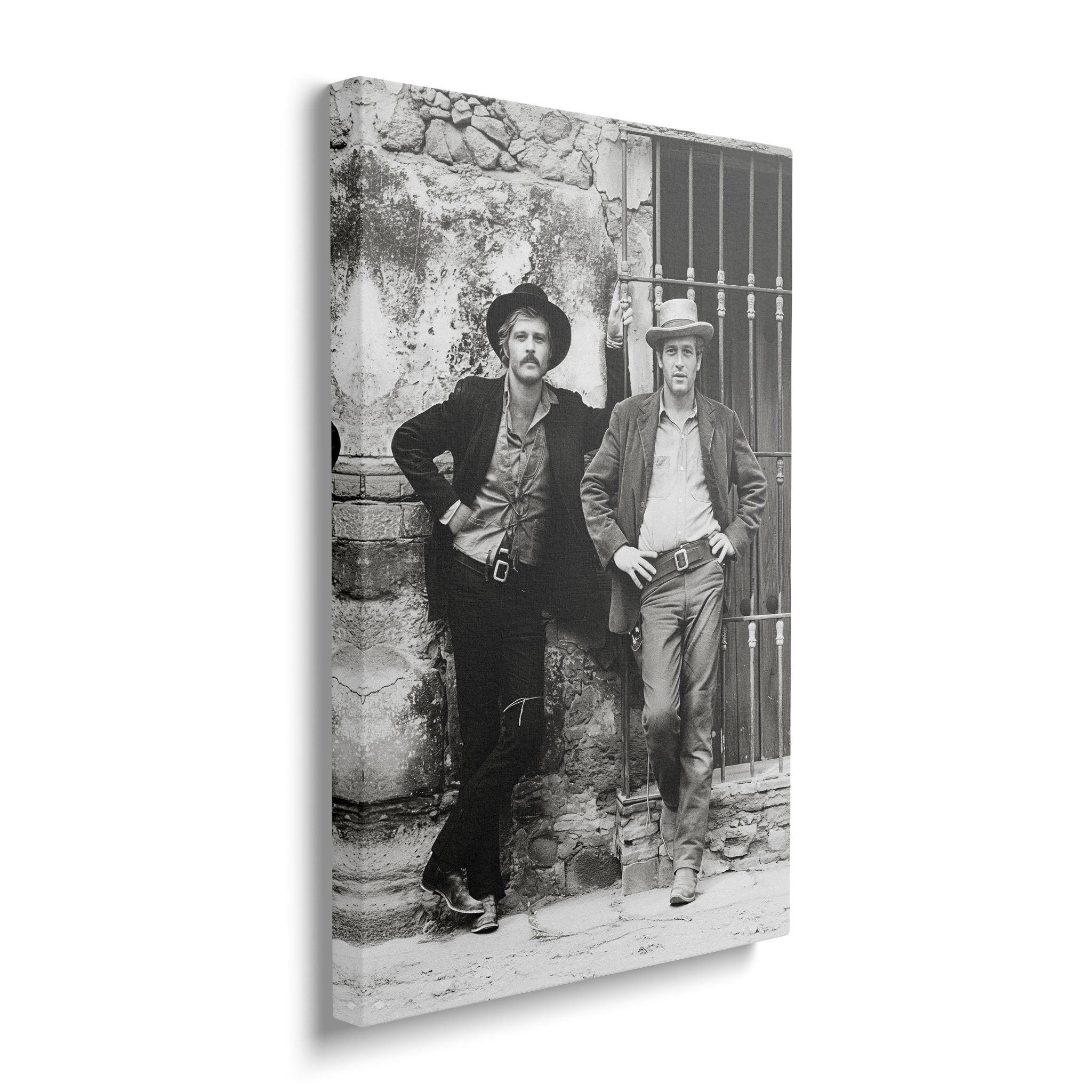 Gallery-wrapped black and white canvas of Butch Cassidy and the Sundance Kid displayed on a wall