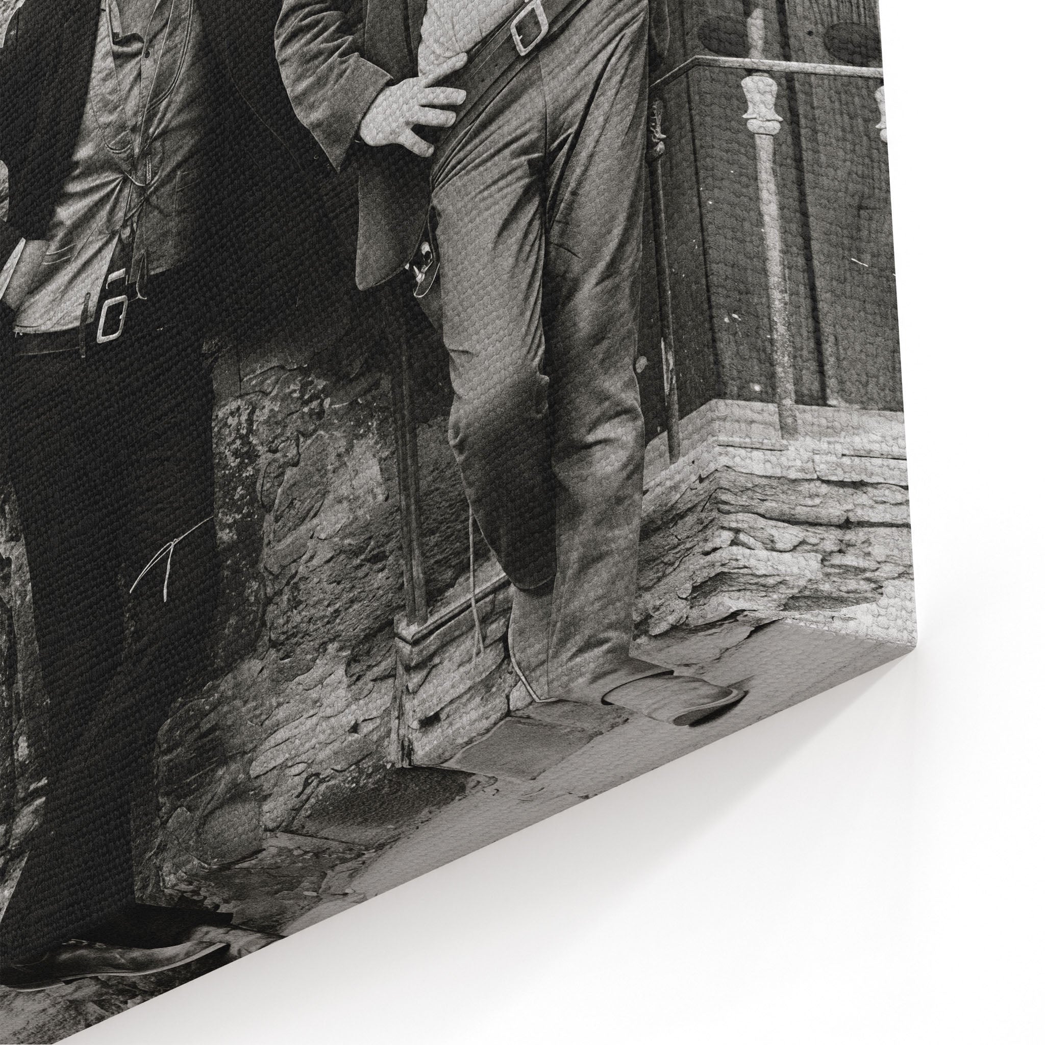 Close-up of the gallery-wrapped canvas edge on the Butch Cassidy and the Sundance Kid black and white print