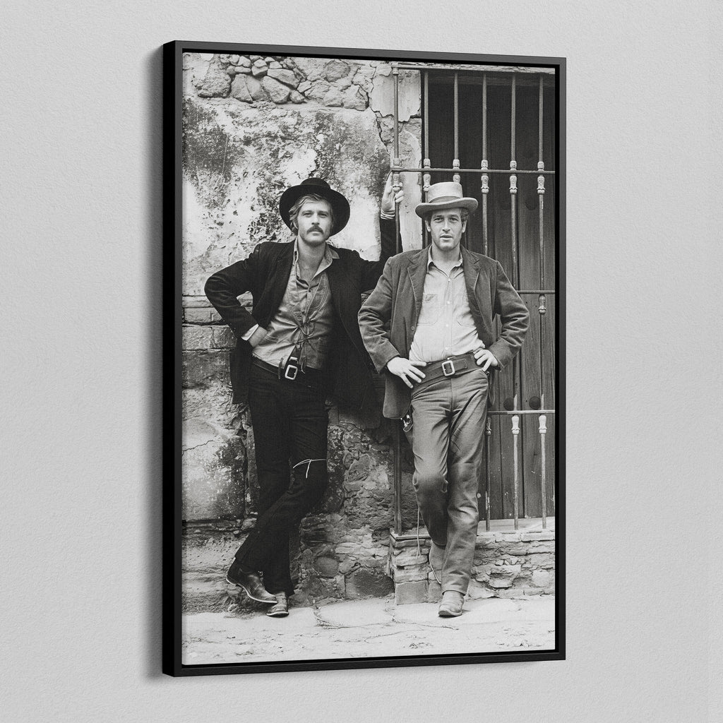 Angled view of the Butch Cassidy and the Sundance Kid black and white canvas in a black floating frame