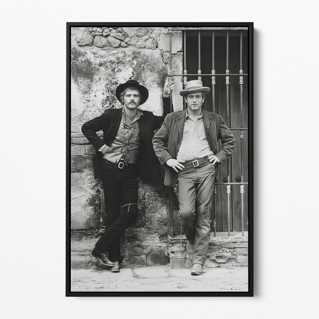 Front display of the Butch Cassidy and the Sundance Kid black and white canvas in a black floating frame