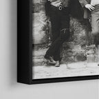 Corner close-up of the black floating frame on the Butch Cassidy and the Sundance Kid black and white canvas