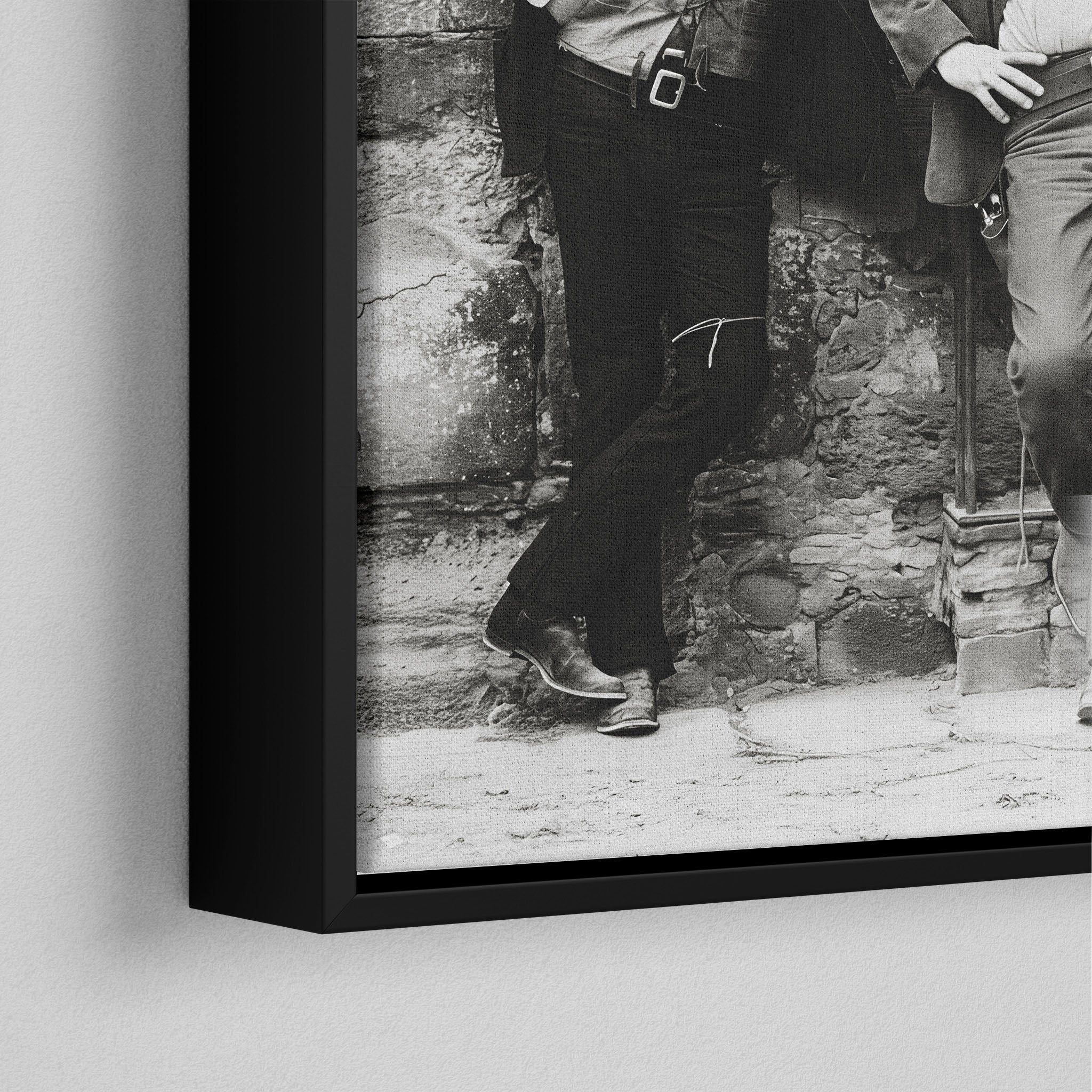Corner close-up of the black floating frame on the Butch Cassidy and the Sundance Kid black and white canvas