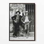Front display of the Butch Cassidy and the Sundance Kid black and white canvas in a dark walnut floating frame