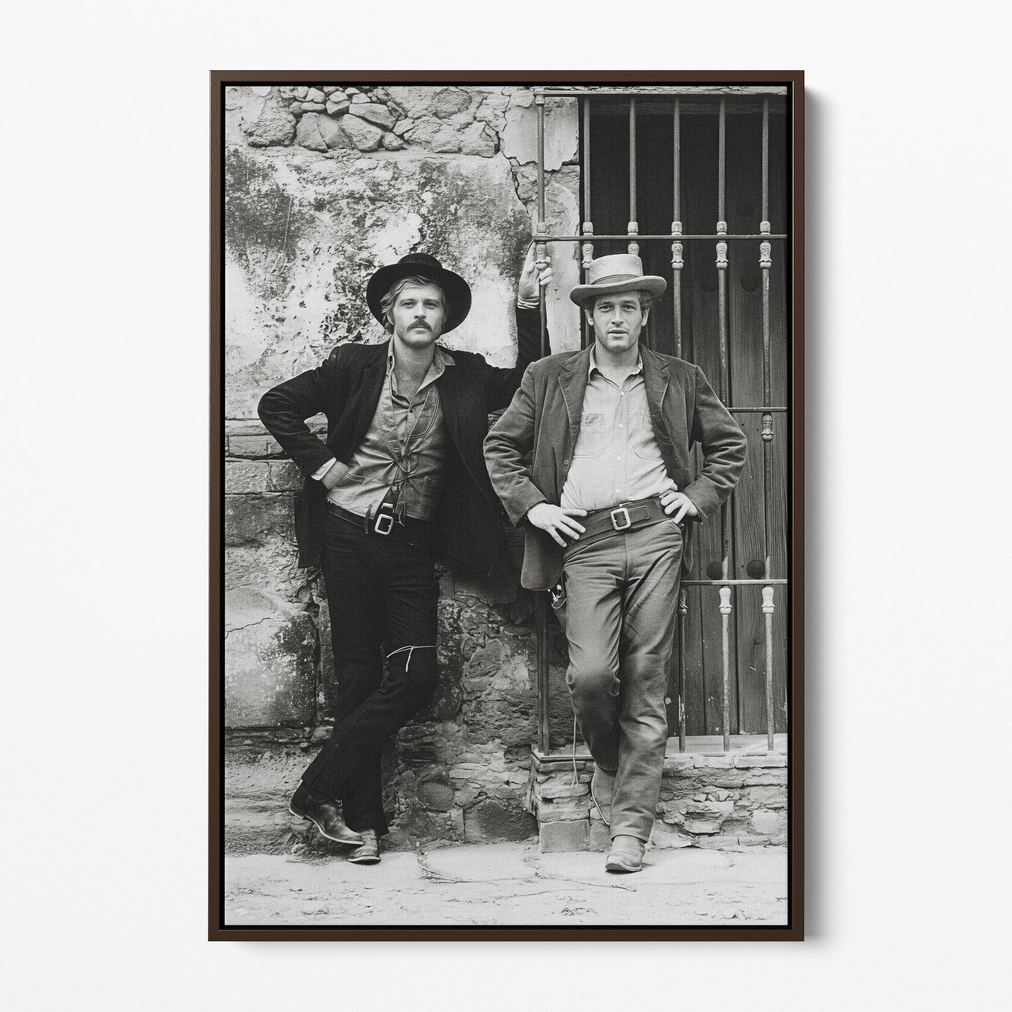 Front display of the Butch Cassidy and the Sundance Kid black and white canvas in a dark walnut floating frame