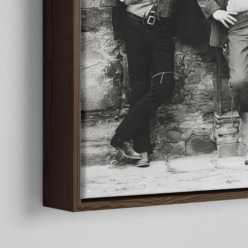Close-up of the dark walnut floating frame on the Butch Cassidy and the Sundance Kid black and white canvas