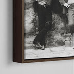 Close-up of the dark walnut floating frame on the Butch Cassidy and the Sundance Kid black and white canvas