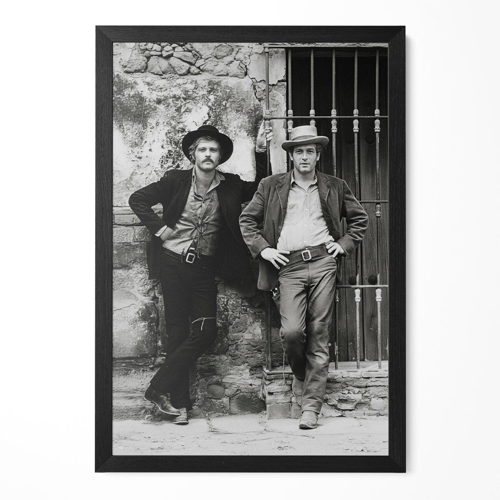 Paul Newman and Robert Redford as Butch Cassidy and the Sundance Kid, black and white portrait in a classic black poster frame