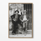 Front display of the Butch Cassidy and the Sundance Kid black and white canvas in a natural oak floating frame