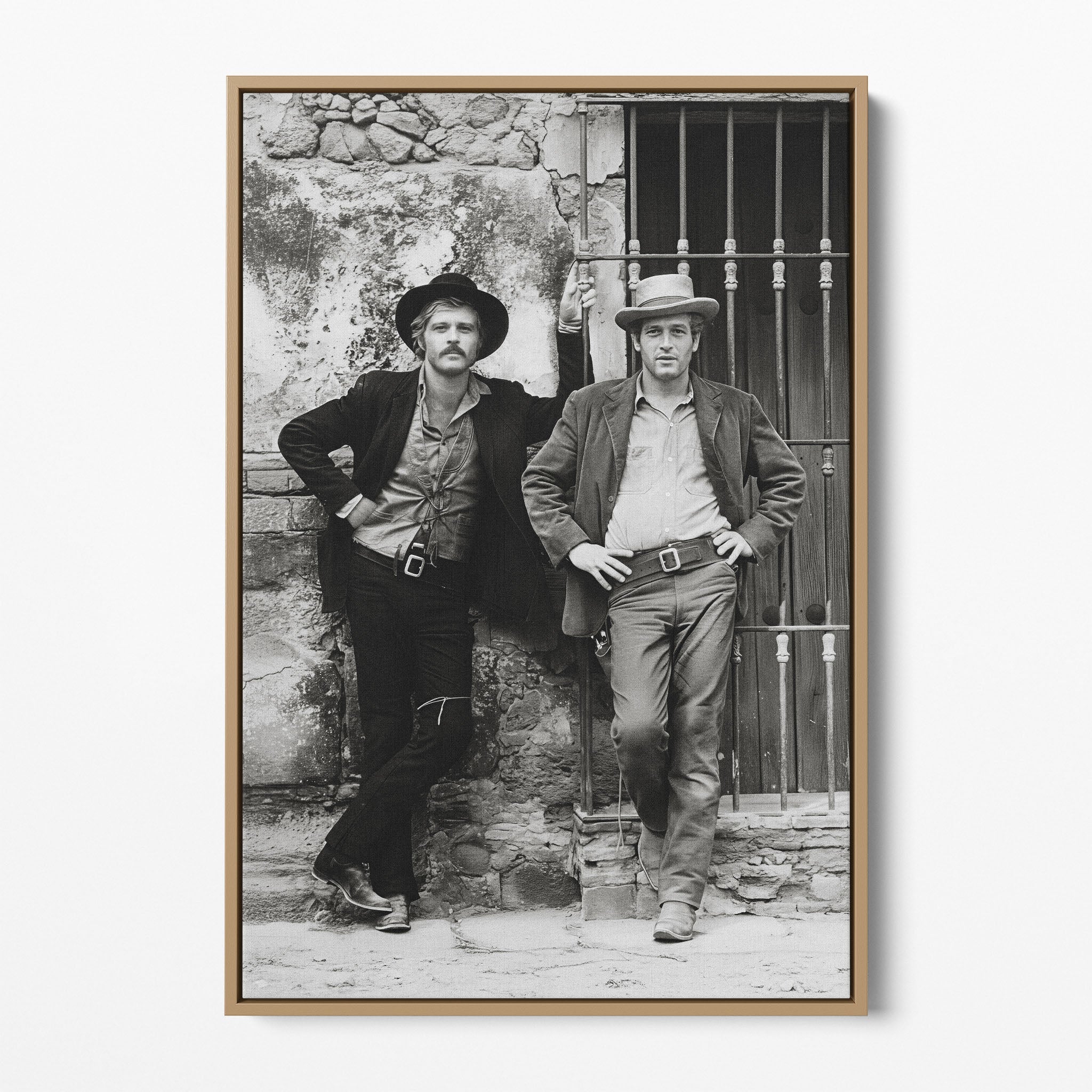 Front display of the Butch Cassidy and the Sundance Kid black and white canvas in a natural oak floating frame