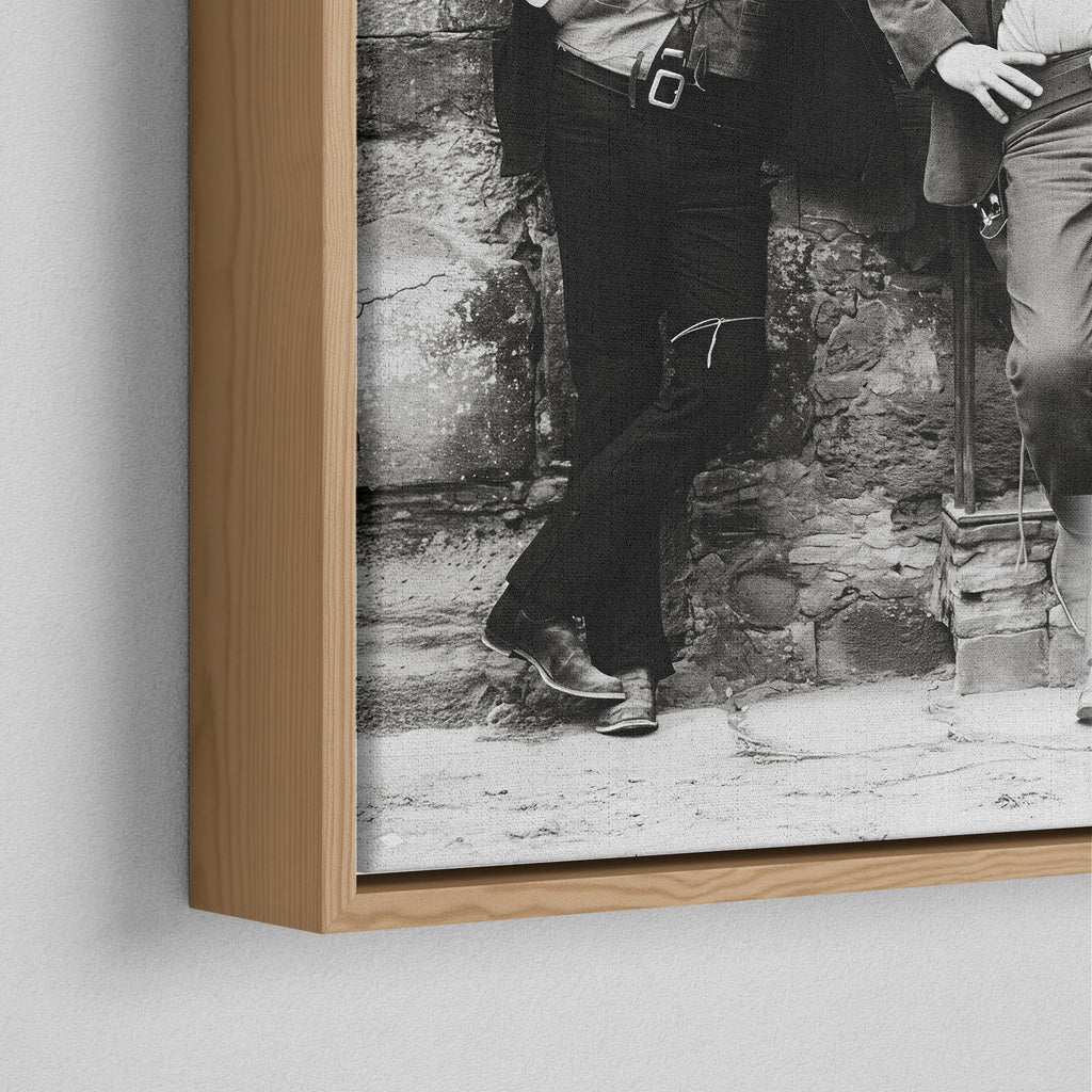 Corner close-up of the natural oak floating frame on the Butch Cassidy and the Sundance Kid black and white canvas