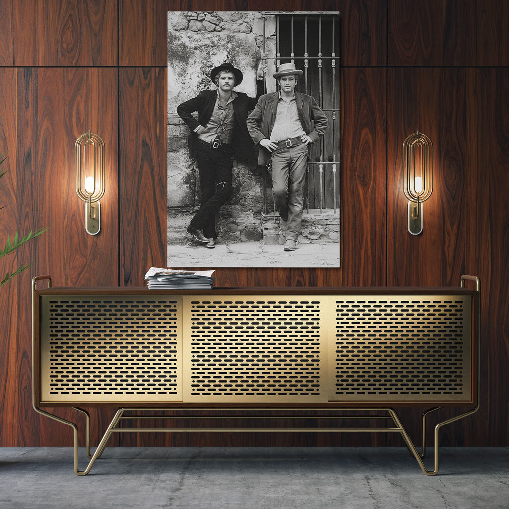 Sleek aluminum black and white metal print of Butch Cassidy and the Sundance Kid