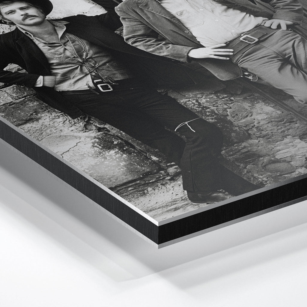 Close-up of the aluminum edge on the Butch Cassidy and the Sundance Kid black and white metal print