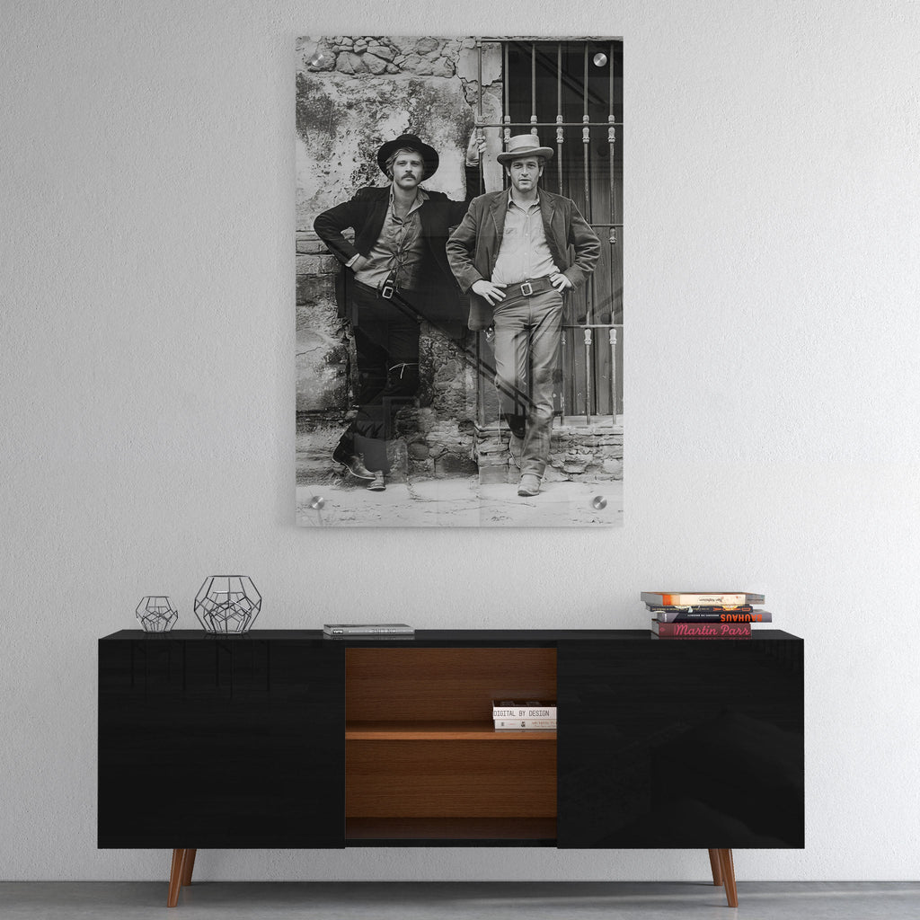 High-gloss acrylic black and white print of Butch Cassidy and the Sundance Kid displayed on a wall
